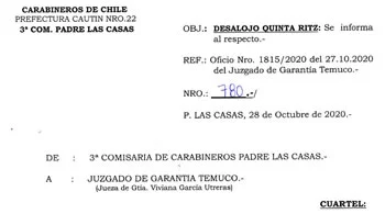 Oficio desalojo prefectura cautín de Carabineros de Chile