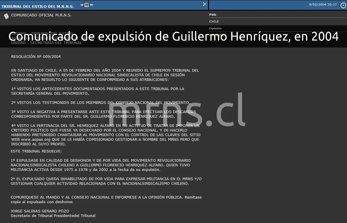 Comunicado de expulsión de Guillermo Henríquez en 2004